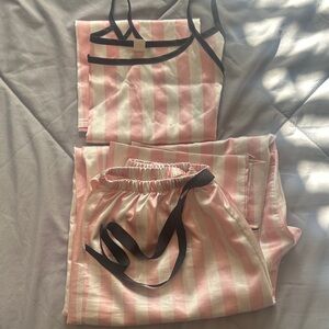 Pink and Cream Striped Satin Pajama Set with Black Trim